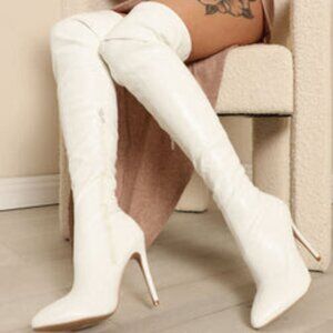 Never Worn Stretch Thigh-High White Stiletto Boots (Fashion Nova), Size: 10M